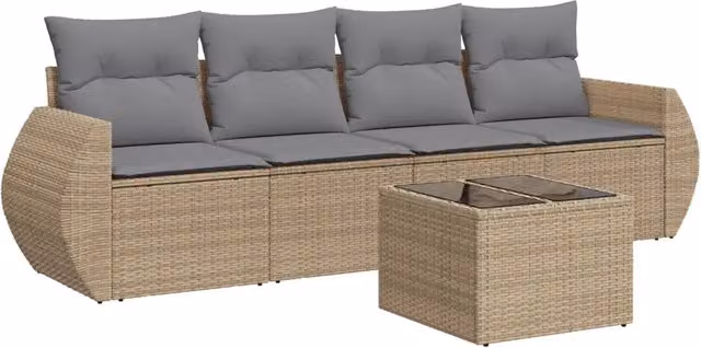 Set Divano da Giardino 5 pz | Set Salotto da Giardino con Cuscini Beige in Polyrattan