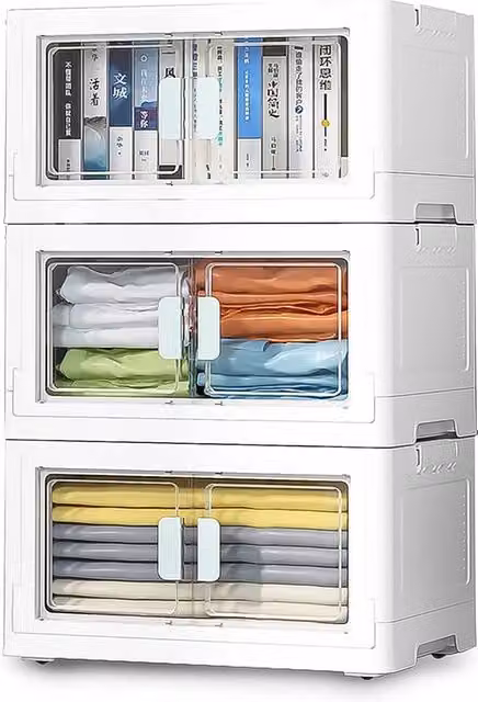 3 casse di archiviazione in plastica con coperchio, grandi, 50 l, x 3 stivellabili, contenitore pieghevole per archiviazione, per finestra di ingresso per accesso semplice, contenitori mobili per armadio, giocattoli