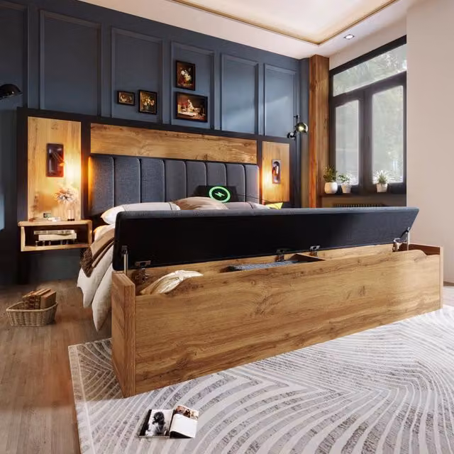 Letto matrimoniale imbottito WISHDOR con luci da lettura, ripiani laterali e porte USB, colore quercia e marrone, L/P/H: 180 x 200 x 118 cm – 1