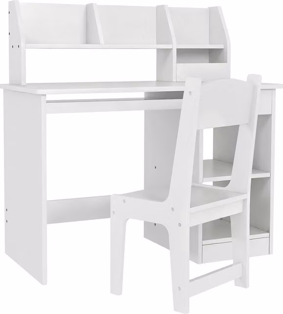 Set Tavolo e Sedie ZONEKIZ per Bambini da 5-8 Anni con Scaffale Integrato e Mensola Estraibile in Legno Bianco per Studio e Gioco