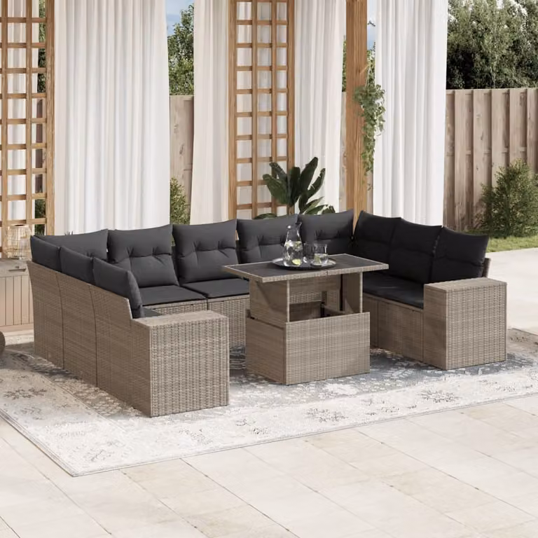 Set Divano da Giardino vidaXL 10 Pezzi a Forma di U con Cuscini Grigio Antracite e Tavolino in Vetro