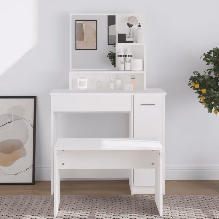 The Living Store Comodino con specchio bianco 86,5x35x136 cm