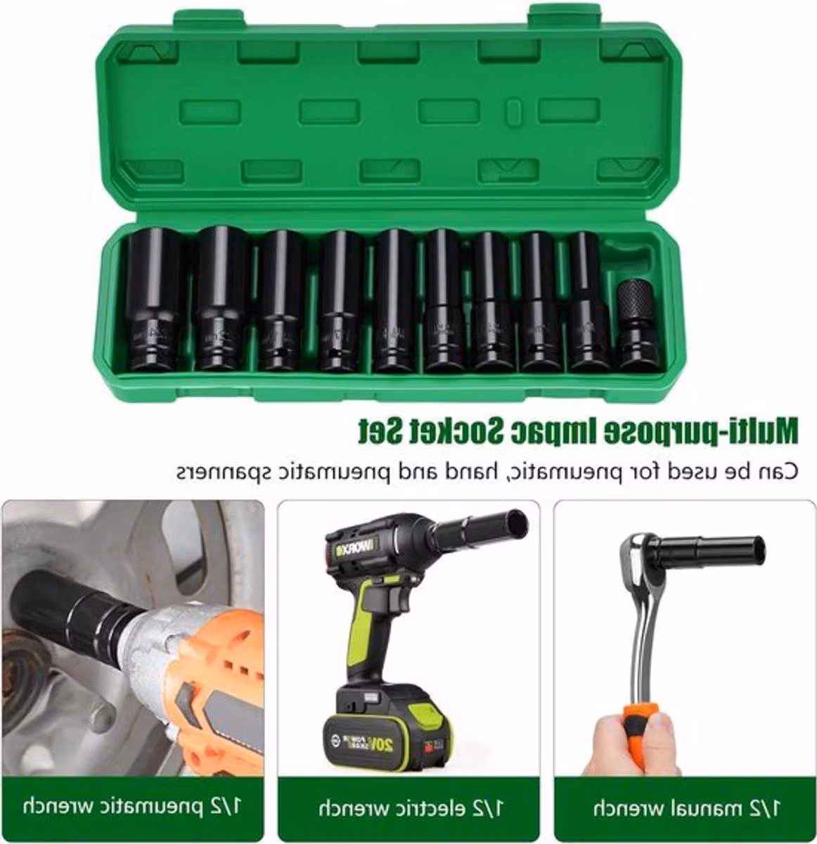 Set completo di 11 pezzi con avvitatori ad impulsi, ideale per applicazioni professionali e per la manutenzione di veicoli