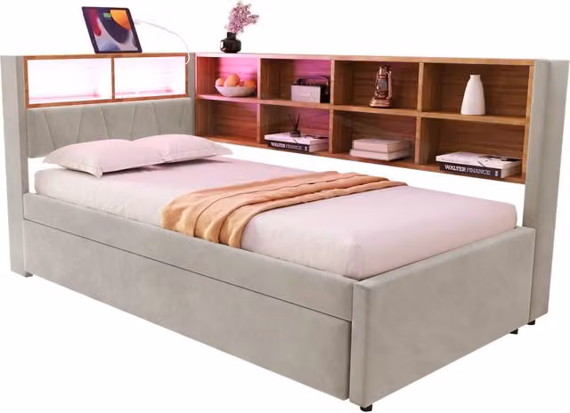 Divano letto 90x200 con estraibile 90x190， flanella grigio chiaro， LED e contenitori， senza materasso