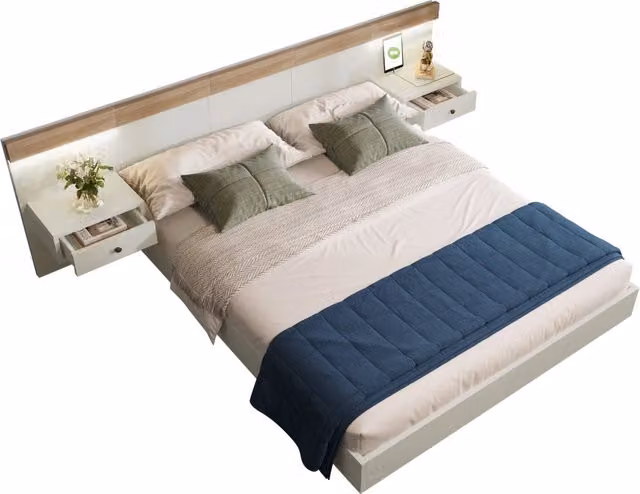 Letto Matrimoniale Moderno con 2 Comodini, Illuminazione LED, Porte USB e Tipo C, Colore Rovere e Bianco, L/P/H: 140 x 200 x 90.5 cm