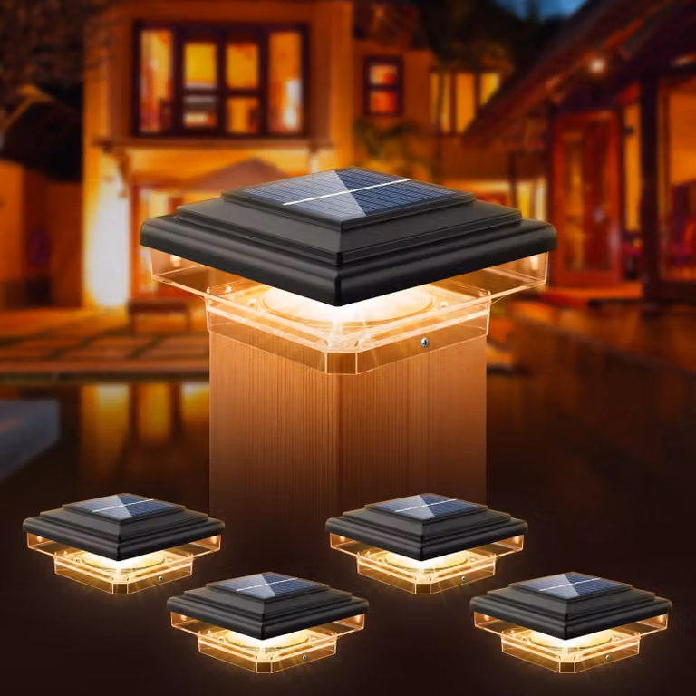 Set di 4 luci solari da fissare a pali, con 8 LED, grado di protezione IP65, colore nero, adatte per pali in legno