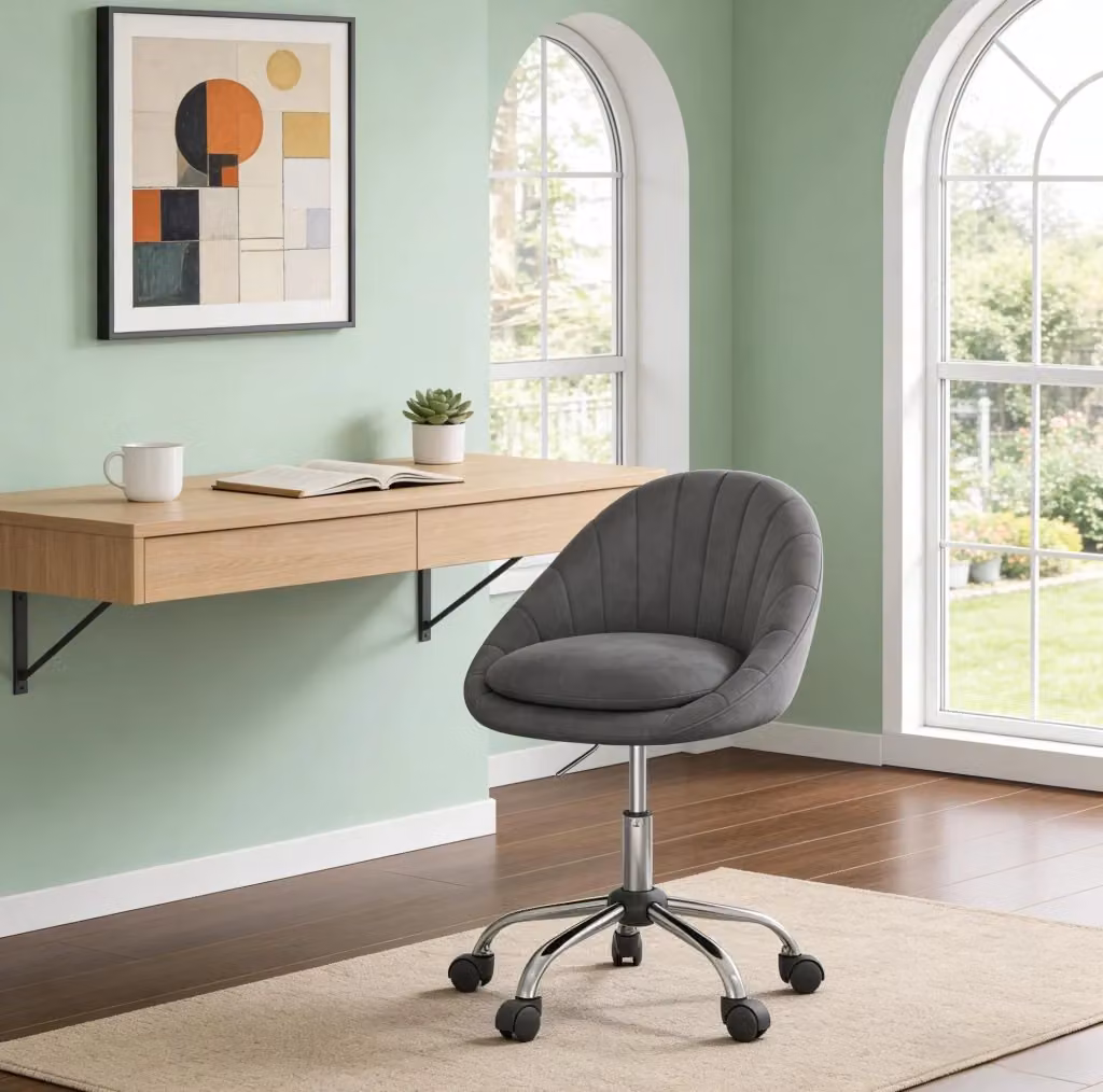 Sedia da ufficio ergonomica moderna in velluto grigio con base in metallo e ruote girevoli a 360 gradi – 2