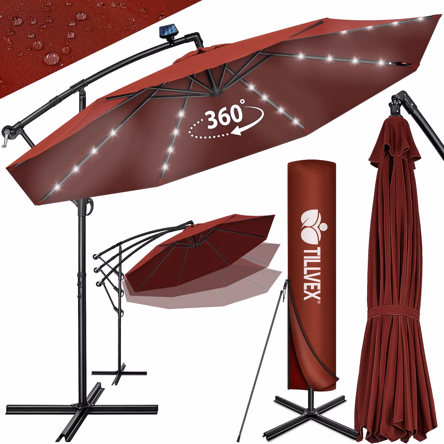 tillvex ombrellone a sbalzo in alluminio rosso LED solare Ø 350 cm con manovella | ombrellone con interruttore on/off | ombrellone da giardino protezione UV alluminio | ombrellone a manovella con supporto ombrellone da mercato impermeabile