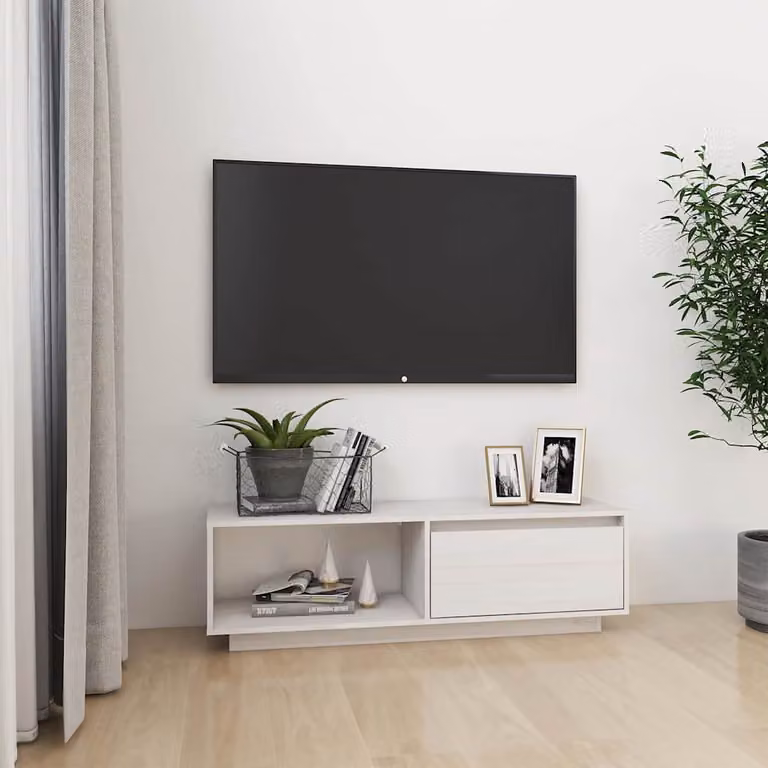 vidaXL Mobile Porta TV Bianco in Legno di Pino Massello L: 110 cm, P: 30 cm, H: 33,5 cm