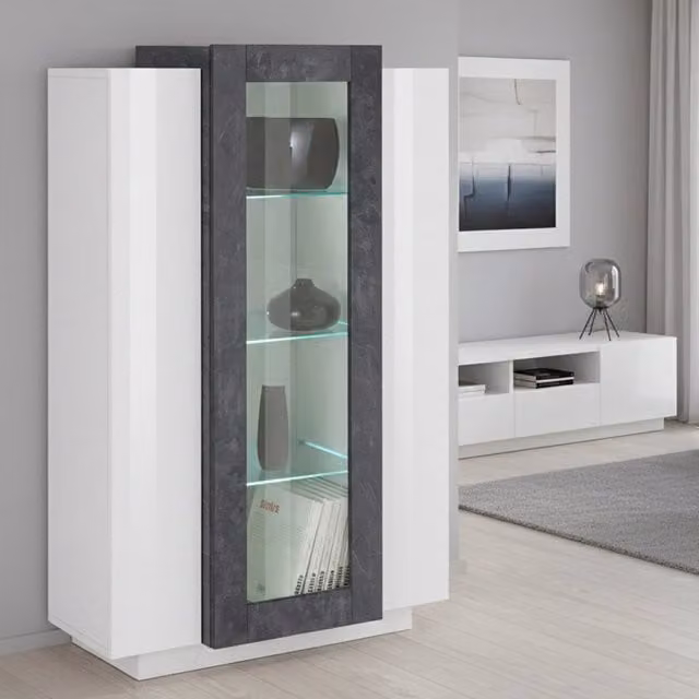 Vetrina Espositore DMORA Kevin con 7 Ripiani e Ante in Vetro, Bianco Lucido, L: 80 cm, P: 38 cm, H: 121 cm – 1