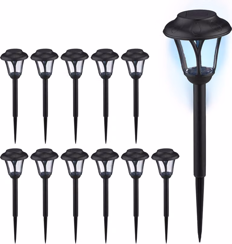 Set da 12 lampade solari Relaxdays, lampada solare a LED con picchetto, dimensioni: 39 x 11 cm, illuminazione da giardino moderna, per esterni, nero