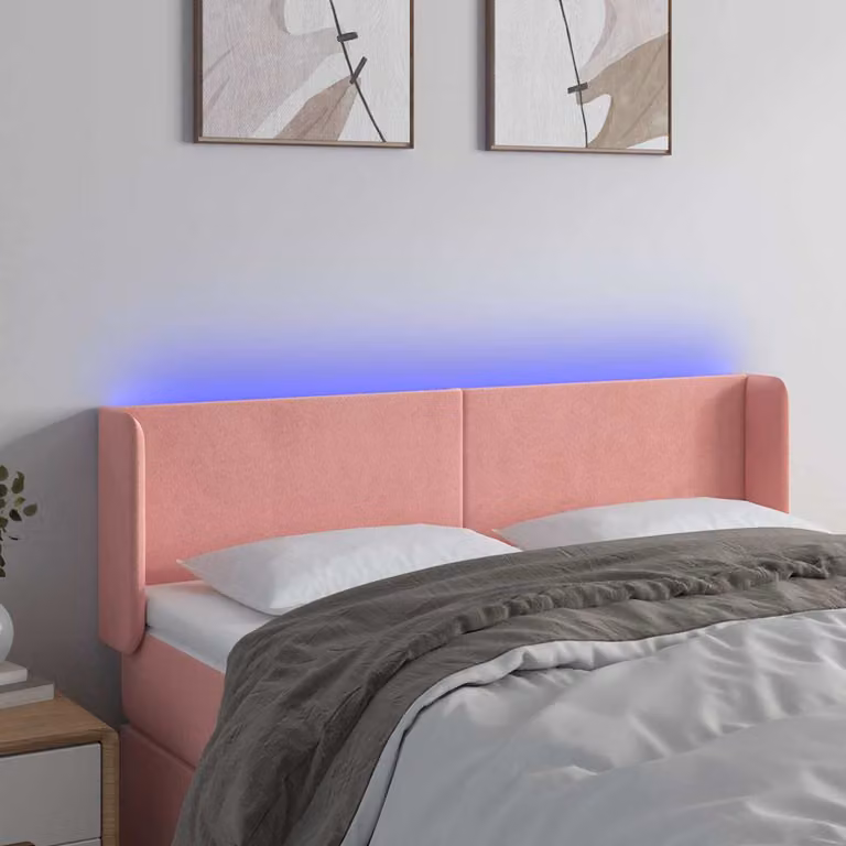 Testiera per letto vidaXL in velluto rosa con illuminazione LED integrata e porta di ricarica USB, L: 147 cm, P: 16 cm, H: 78-88 cm