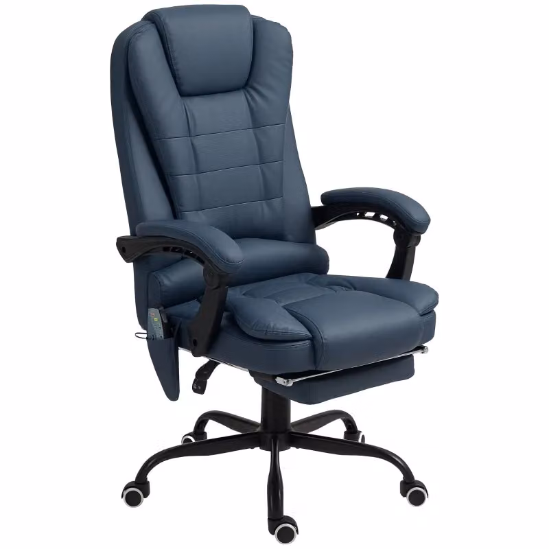 Sedia da ufficio massaggiante Chicfurn in similpelle blu con poggiapiedi reclinabile, rotazione 360 e cuscino lombare – 2