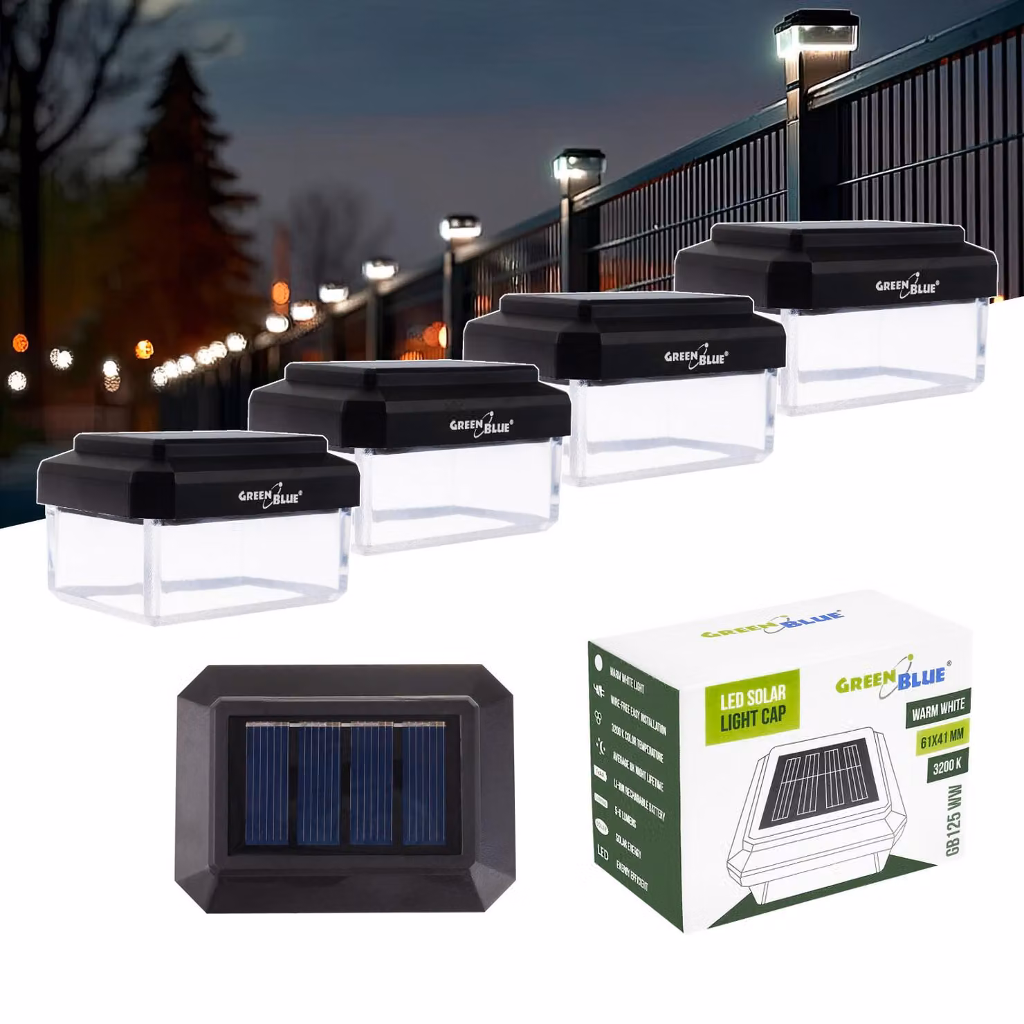 Lampada solare a LED GreenBlue 4x per pali 60 x 40 mm, copertura a busta, 3200 K, GB125 WW