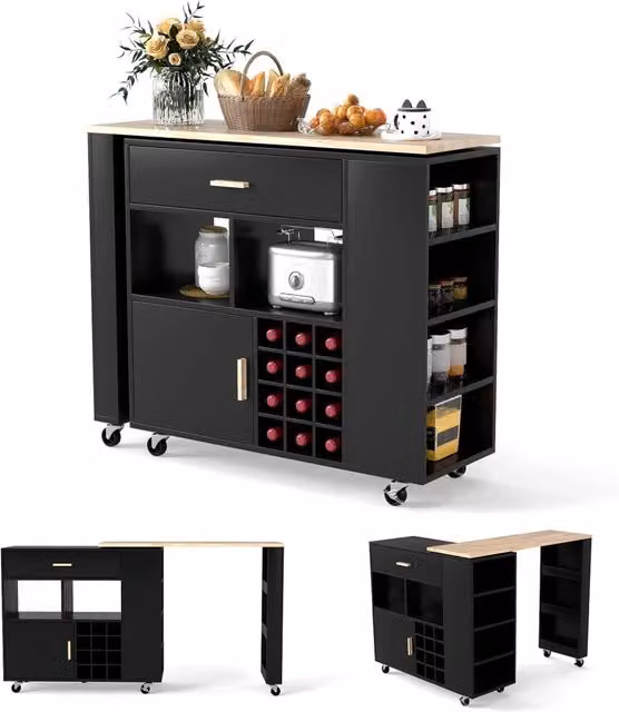 Carrello da Cucina e di Servizio Reversibile 2 in 1 COSTWAY con Piano in Legno di Gomma e Porta Calici, Nero, L/P/H: 120 x 40 x 100 cm – 1