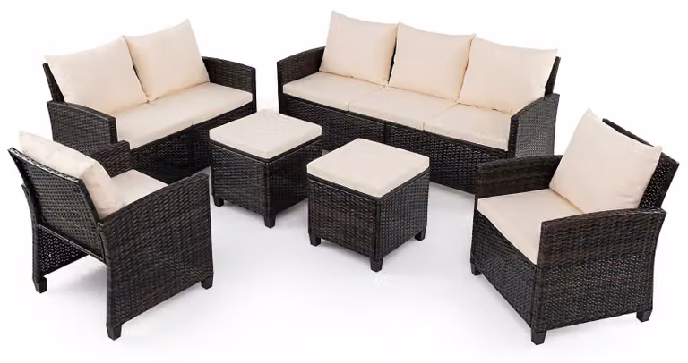 COSTWAY, set da giardino in rattan sintetico da 6 pezzi, composto da un'area salotto per 7 persone, con 2 divani, 2 poltrone, 2 poggiapiedi e cuscini. Arredamento da esterno resistente alle intemperie, ideale per terrazzi