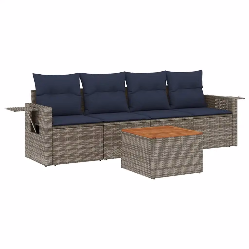 Set da giardino vidaXL in polyrattan composto da 5 pezzi con cuscini grigi e blu e tavolino coordinato – 2