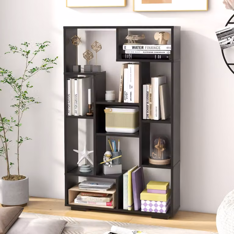 Libreria geometrica moderna Costway con ripiani aperti e kit anti-ribaltamento, Nero