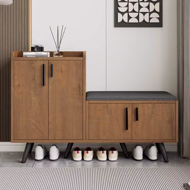 Panca Scarpiera con Ante MINIMAL in Legno e Metallo, Bianco e Marrone, L: 120 cm, P: 34 cm, H: 82 cm