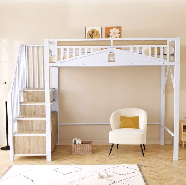 Letto a soppalco in metallo 90×200 cm bianco con scale contenitore e finestra