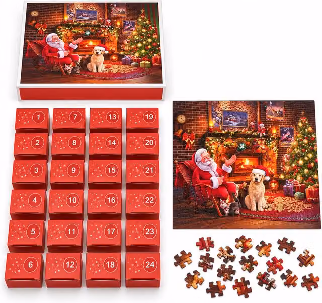 Calendario dell'Avvento Puzzle 1008 Pezzi da Assemblare in 24 Giorni, Scena Natalizia con Babbo Natale e Cane, Puzzle Finale 70x50 cm