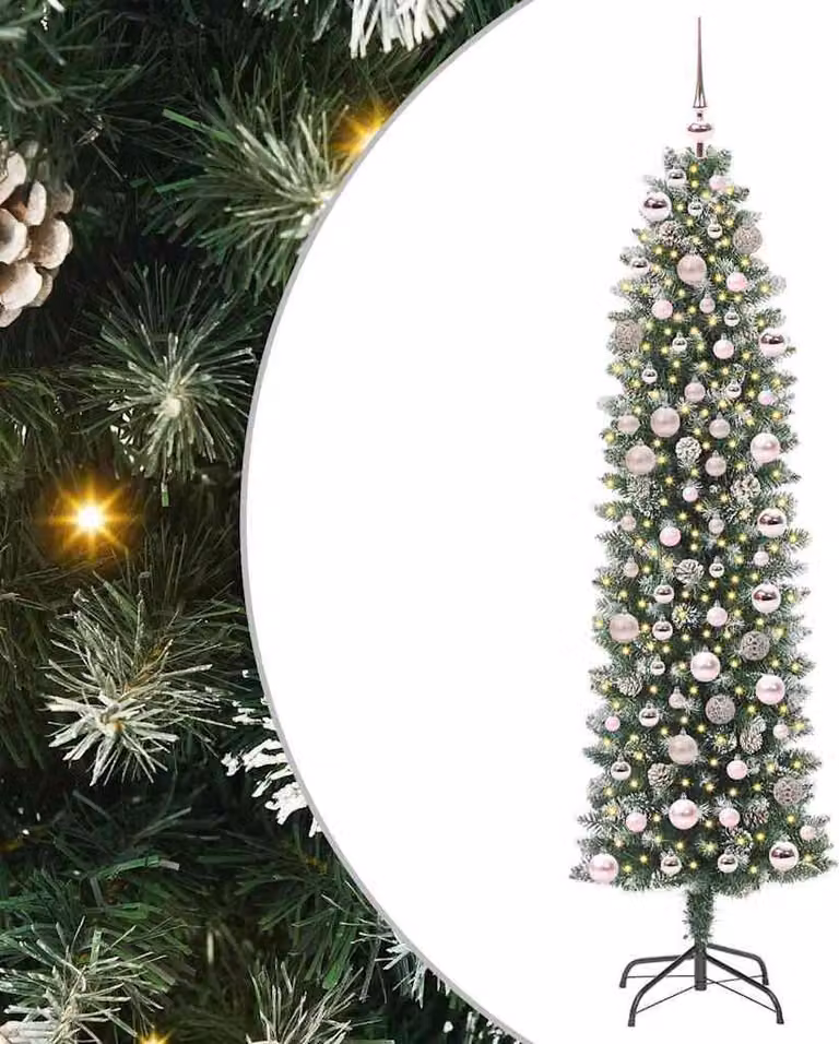 Albero di Natale Artificiale Sottile Verde e Bianco 180 cm