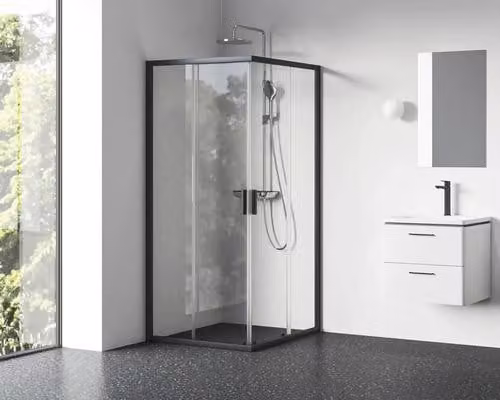 Cabina doccia con ingresso ad angolo RAVAK Blix II 120 cm colore telaio vetro nero decoro vetro chiaro 1XMG0300Z1