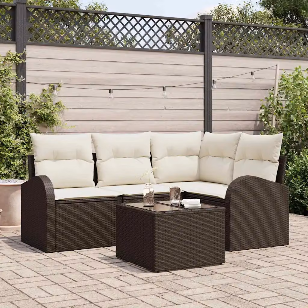 Set Divano da Giardino vidaXL a Forma di L con Tavolino e Cuscini, Marrone e Bianco – 1