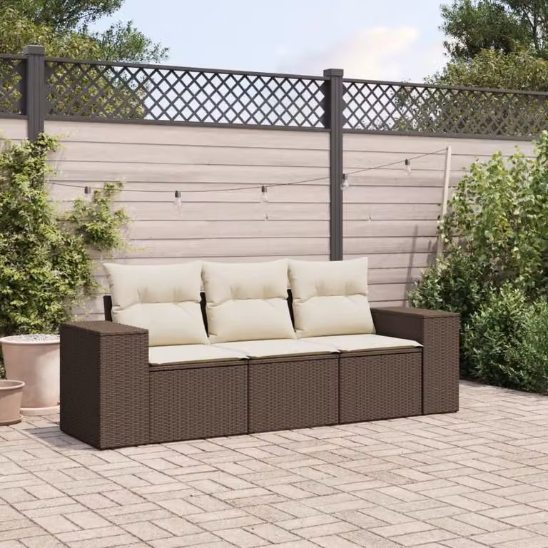 vidaXL Set Divano da Giardino 3 pz con Cuscini Marrone e Bianco in Polyrattan e Acciaio