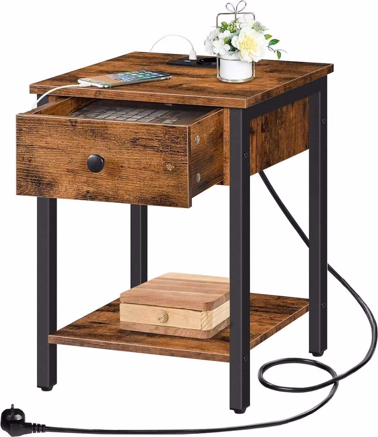 Comodino con stazione di ricarica, porte USB, cassetto, ripiano - Vintage marrone-nero