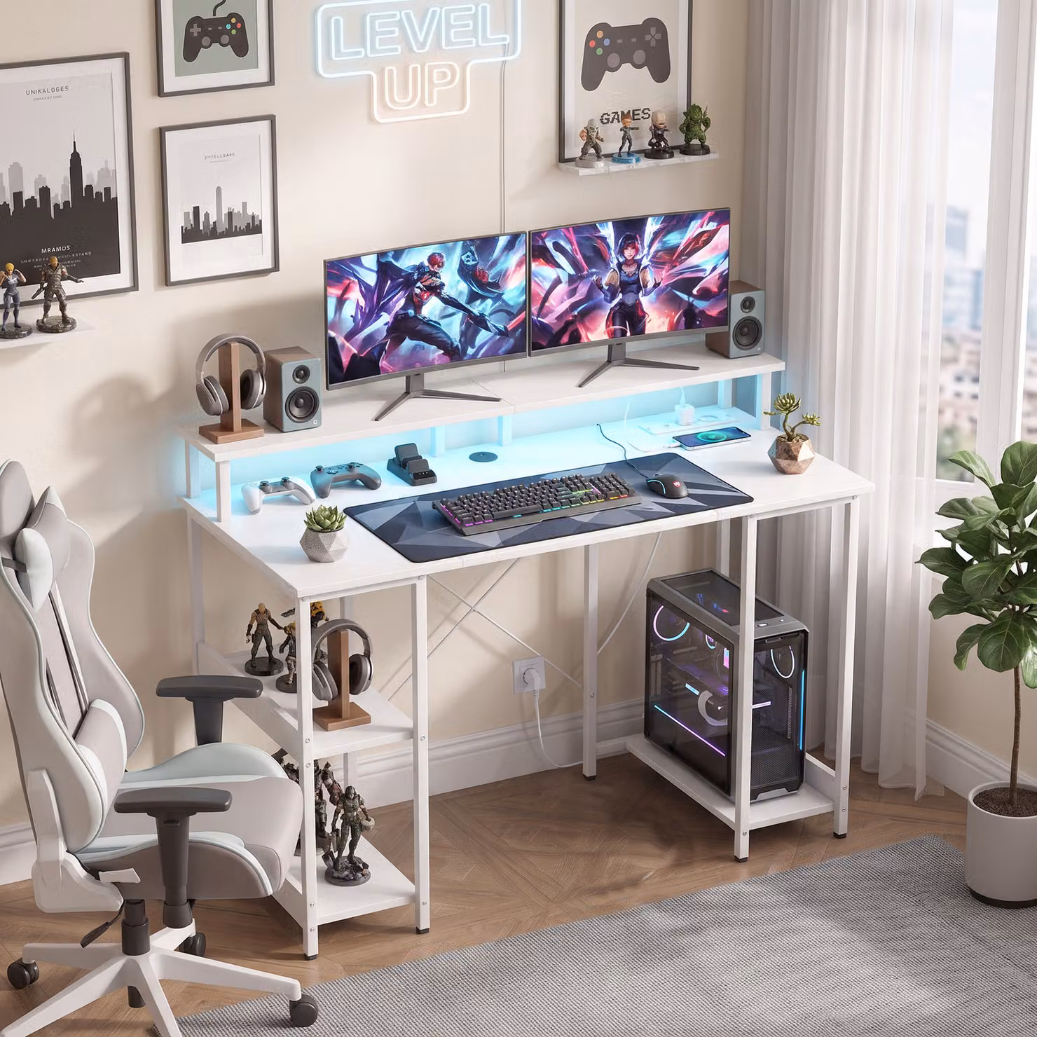 Scrivania per Computer HOMCOM Reversibile con Ripiani, Prese Elettriche e Luci LED, Bianco Effetto Legno, L: 120 cm, P: 50 cm – 2