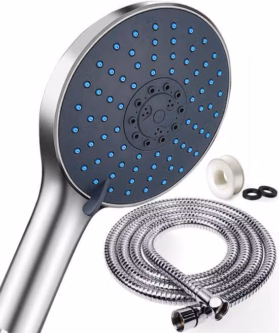Ibenzoa® Doccia a risparmio idrico di dimensioni extra-large, diametro 15 cm – 7 tipi di getto, beccuccio inclinato di 15°, corpo in cromo, ugelli in silicone autopulenti, tubo flessibile per doccia in acciaio inossidabile da 1,5 m, compatibile con attacc