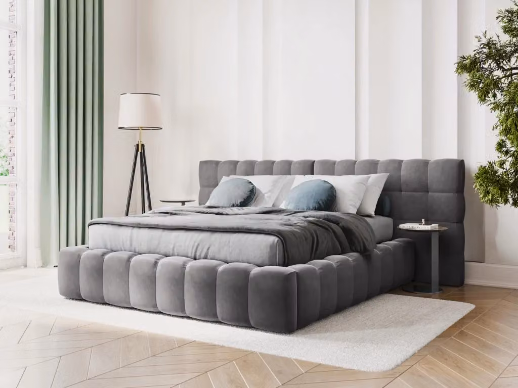 Letto con cassettone e testiera doppia Bali di Cosmopolitan Design in velluto grigio L/P/H: 140 x 200 x 100 cm – 2