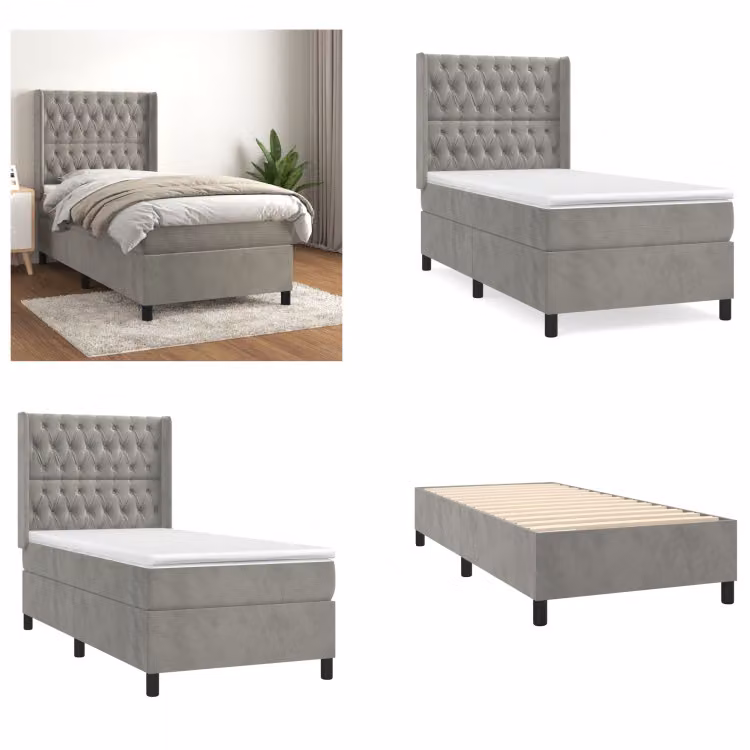 vidaXL Letto a molle con materasso grigio chiaro 90x190 cm in velluto