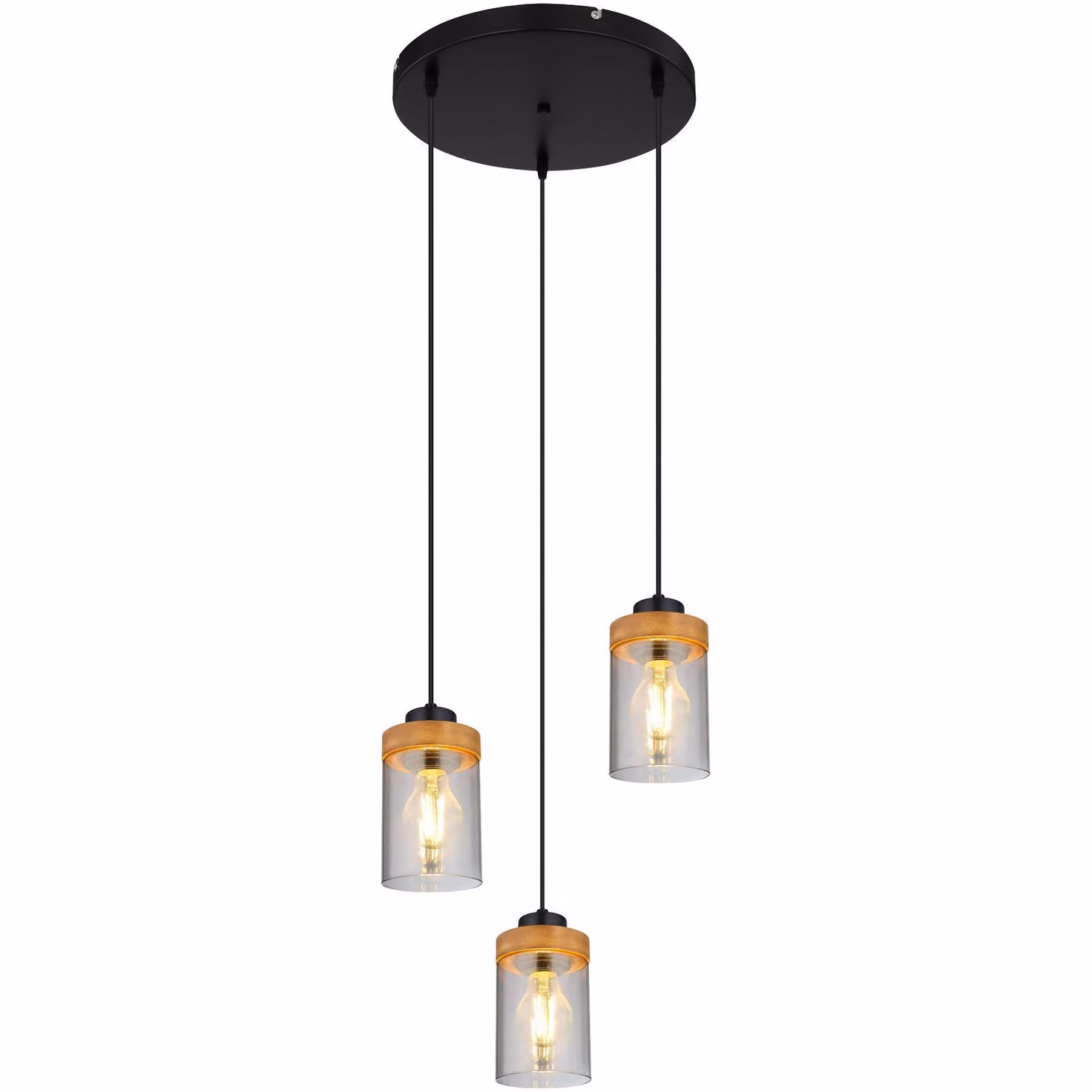 Globo Lighting lampada a sospensione metallo nero opaco, legno marrone scuro, vetro color fumo, cavo PVC nero, altezza accorciabile, ø: 390mm, H: 1500mm, escl. 3x E27 40W 230V