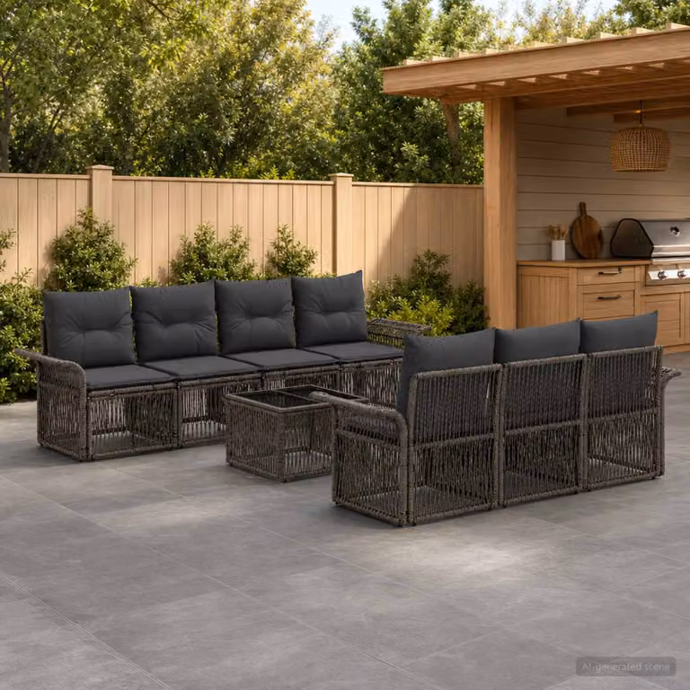 Set Divano da Giardino vidaXL 8 pz Grigio con Tavolino e Cuscini Imbottiti in Polyrattan e Acciaio