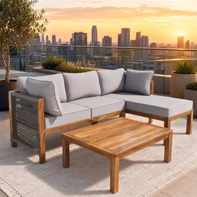 Set lounge da giardino Outsunny a 3 pezzi in legno di acacia grigio con divano a 2 posti, tavolino da caffè e cuscini sfoderabili