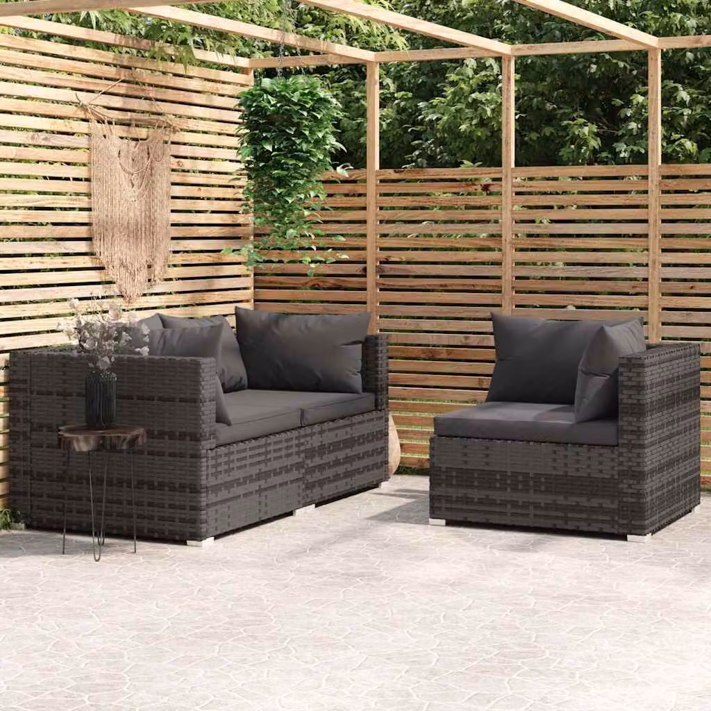 Set di divani da giardino vidaXL a forma di L composto da 3 pezzi con cuscini imbottiti in antracite e struttura in metallo e rattan