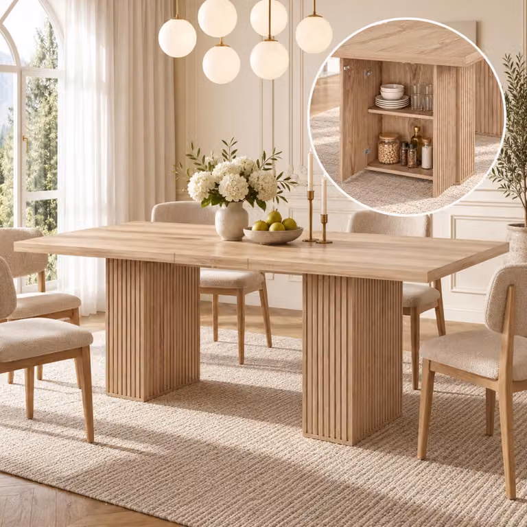 Tavolo da pranzo allungabile, dimensioni 150/190x90 cm, per 6-8 persone, con spazio contenitivo, finitura noce