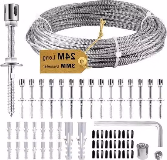 Aiuto di sostegno in acciaio inossidabile per piante di rampicante (24 m x 3 mm) - Set con 12 supporti e 24 m di cavo in acciaio inossidabile per piante di rampicante