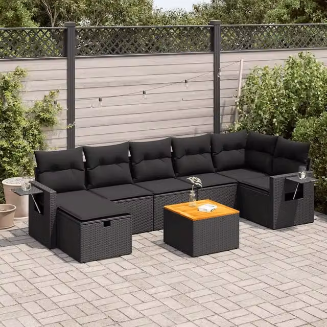 Set Divani da Giardino con Cuscini 8 pz Nero in Polyrattan 3325821