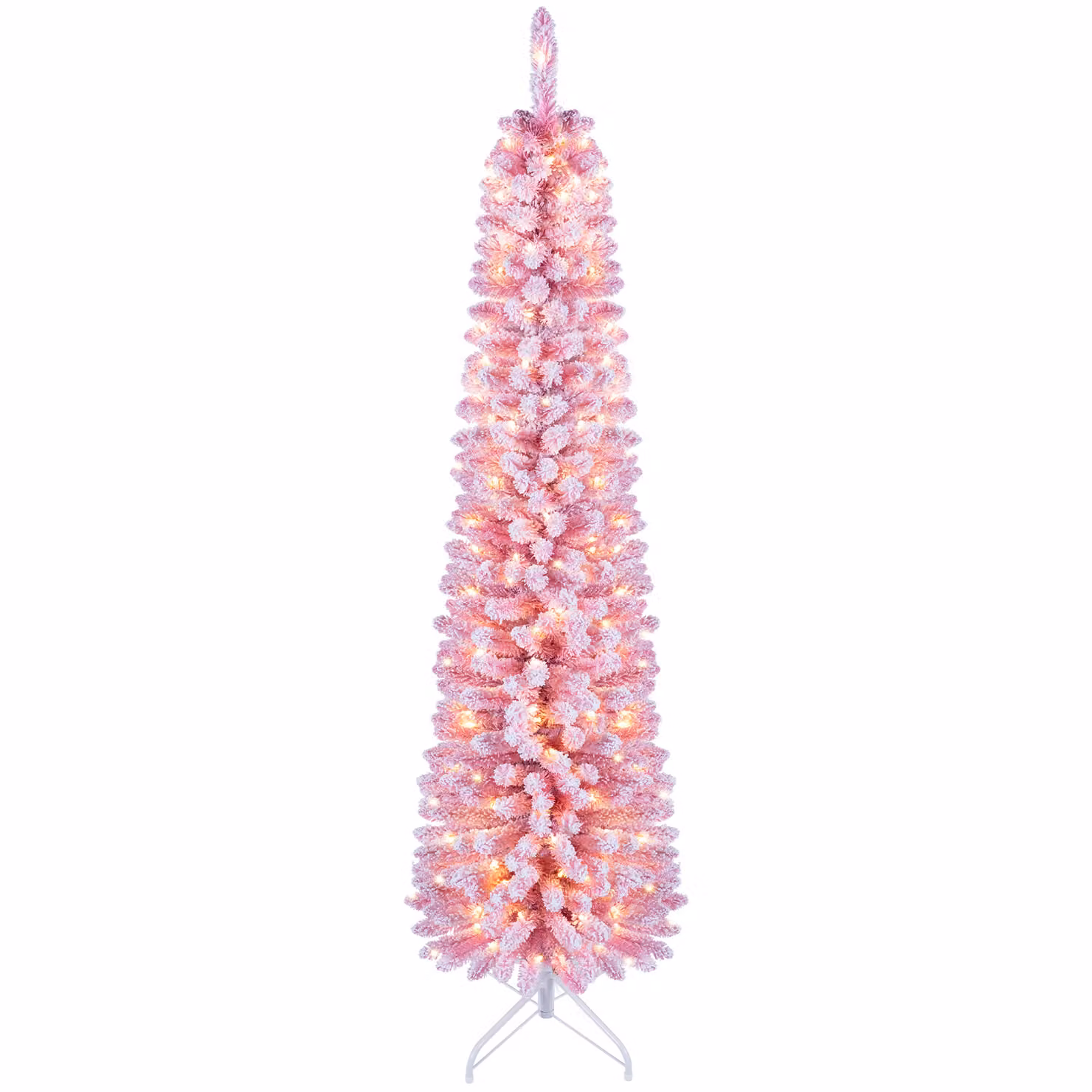 Costway Albero di natale artificiale 180 cm con 140 luci led, Albero di natale slim con 392 rami innevati decorazione per casa ufficio e negozio