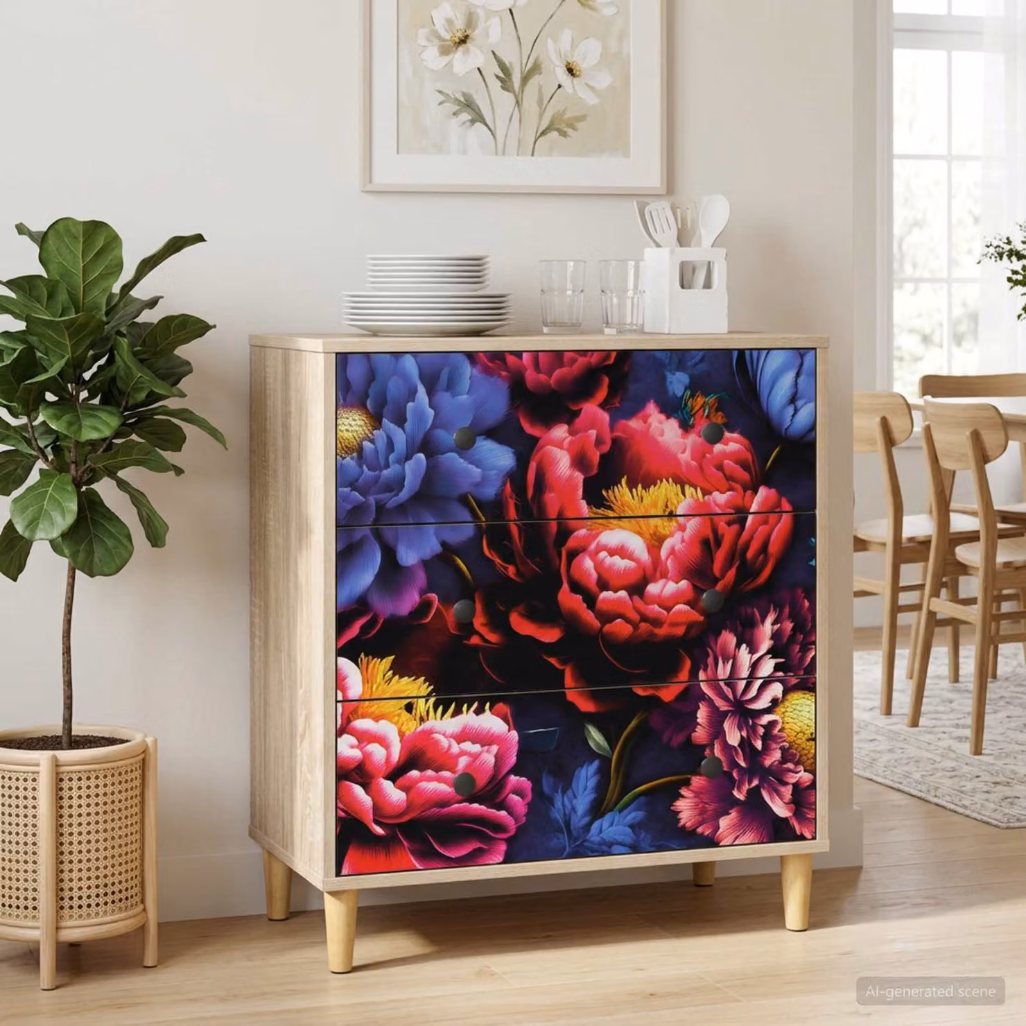 Cassettiera vidaXL KIEL con stampa floreale di peonia scura, multicolore, L 66 cm x P 36,5 cm x H 75 cm