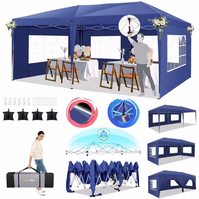 Tenda da festa pieghevole, 3x6 metri, blu scuro, con 6 pareti laterali, impermeabile, stabile, ideale per eventi