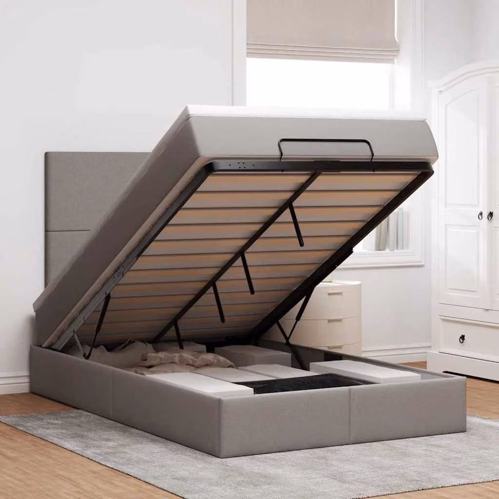 Letto moderno vidaXL con base contenitore a sollevamento, illuminazione sottostante e porta di ricarica USB, colori beige e grigio, L: 200 cm, P: 120 cm, H: 193 cm
