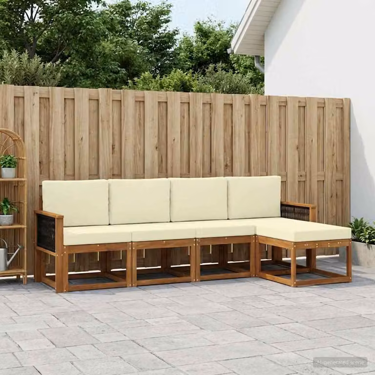 Set di divani da esterno a L vidaXL in legno di acacia con pouf e cuscini, Beige e Bianco