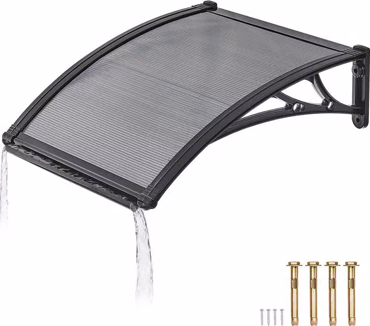 SucceBuy Tettoia per porta d'ingresso, 61x60 cm, design curvo, copertura con drenaggio e supporto in ABS, protezione da pioggia, neve e sole, tetto in policarbonato per veranda e terrazza, grigio fumo