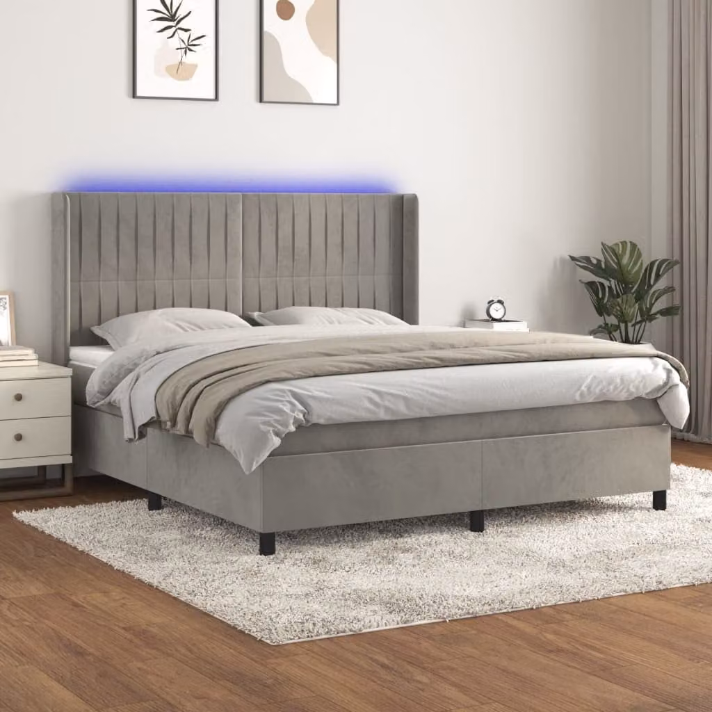 Letto Ibrido con Materasso e LED vidaXL in Velluto Grigio Chiaro L/P/H: 160 x 200 x 128 cm – 1