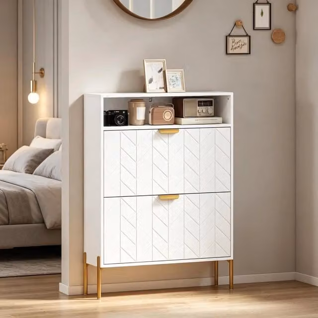 Scarpiera moderna bianca con vano aperto e ante a ribalta in MDF e metallo per 12-16 paia di scarpe, L: 80 cm, P: 23,7 cm, H: 110 cm