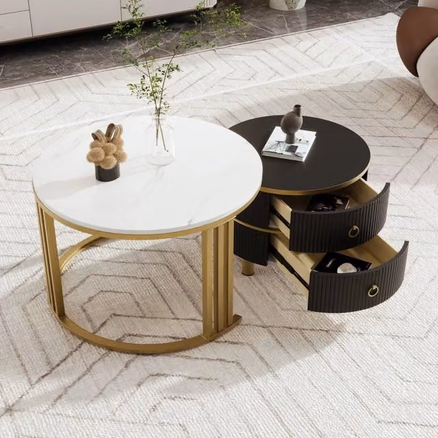 Set di tavolini bassi rotondi impilabili OKWISH con piano lucido effetto marmo nero e 2 cassetti per soggiorno moderno – 1